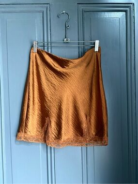Copper Satin Lace-Trim Mini Skirt